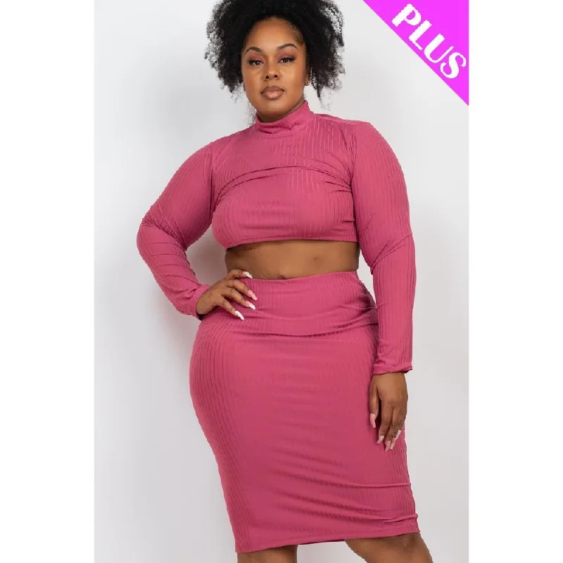 Flash Discount Plus Size Ribbed Mock Neck Crop Top & Midi Skirt Set