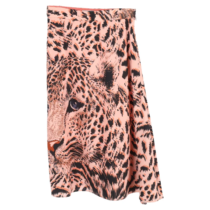 Women's Fashion-Forward Apparel MSGM Leopard Print Midi A-Line Skirt in Peach Polyester