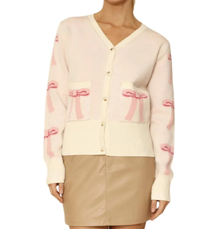 Online Shopping Boutiques Cropped Knit Bow Cardigan With Pockets In Pink Multi