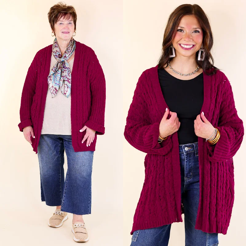 Women's Loungewear Clothes On My Level Chenille Cable Knit Open Front Cardigan in Maroon