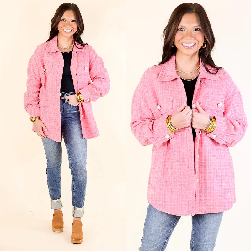 Affordable Women's Garments Brooklyn Buzz Pearl Button Up Tweed Shacket in Pink