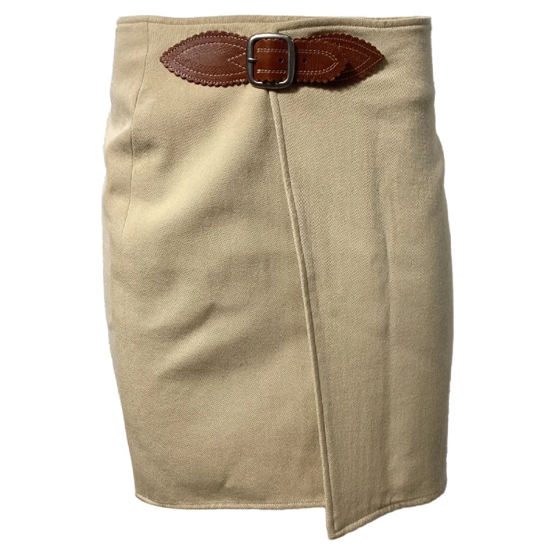 Women's Stylish Professional Apparel Ralph Lauren Buckle Wrap Detail Mini Pencil Skirt in Beige Wool