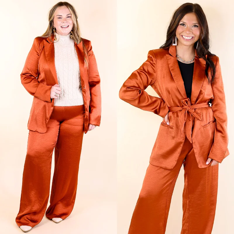 Women's Occasion Wear Apparel My Everything Satin Waist Tie Blazer in Rust Orange