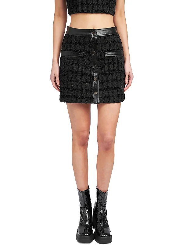 Women's Wardrobe Apparel Womens Tweed Faux Leather Trim Mini Skirt