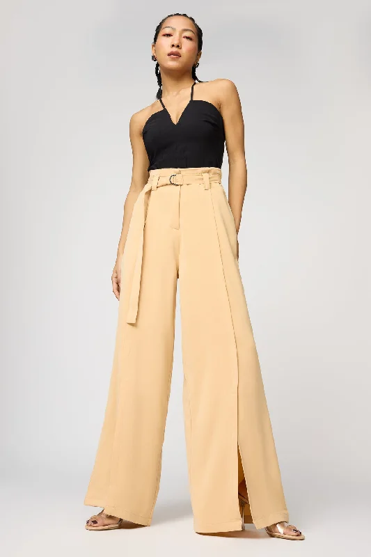 Women's Seasonal Attire Soft Sand Belted Flared Korean Pants