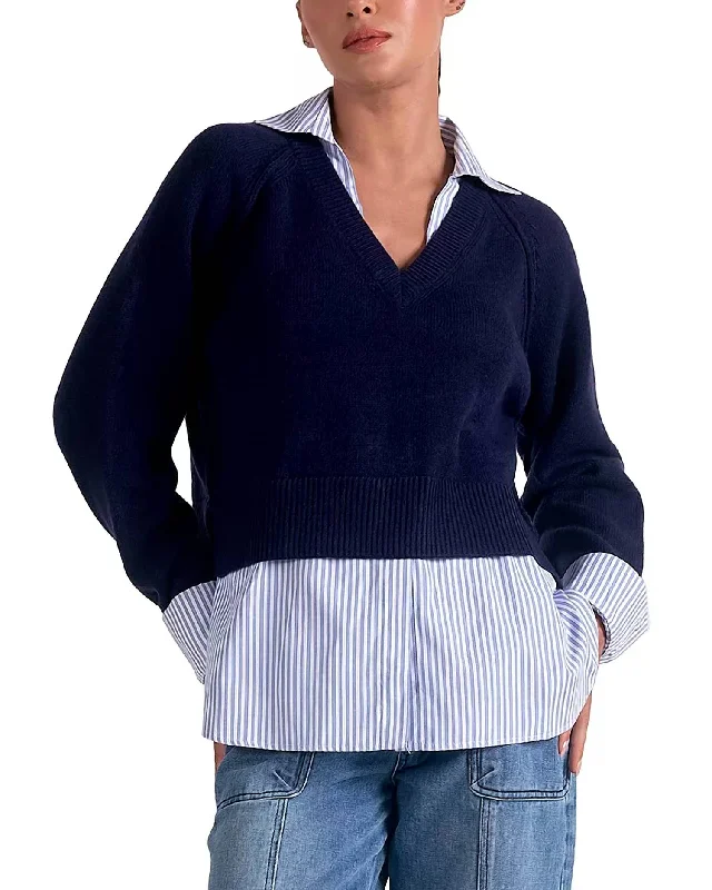 Women's Cozy Winter Attire Stevie Layered Sweater/striped Shirt Combo In Navy