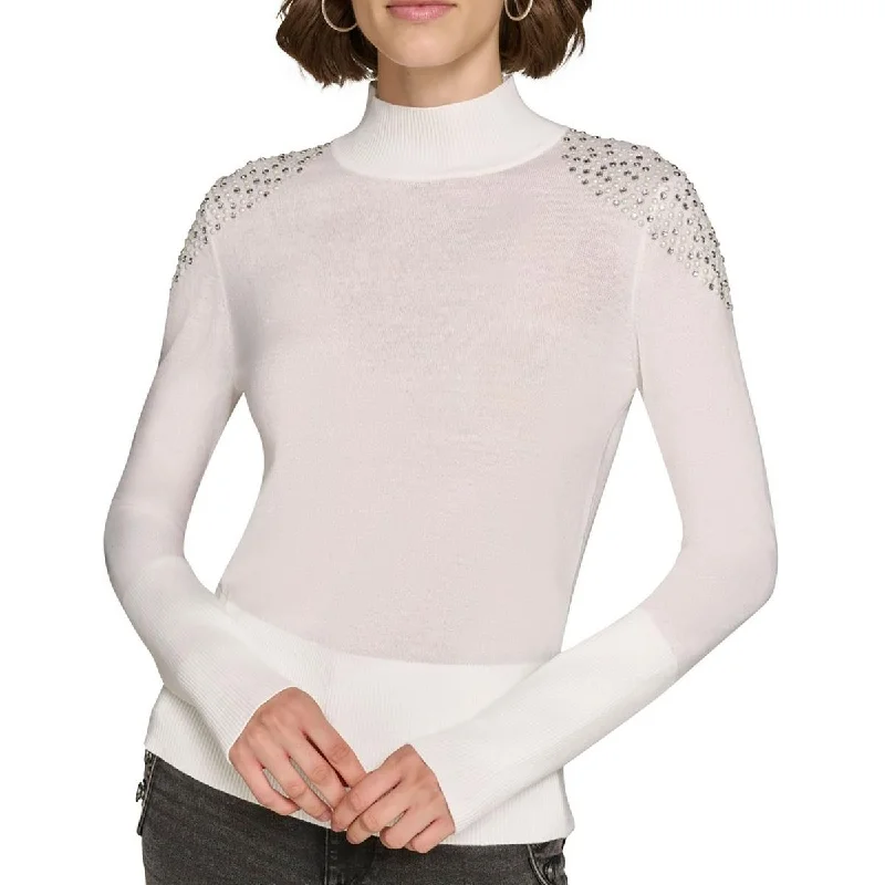 Women's Casual Outfit Womens Embellished Extra Fine Merino Wool Mock Turtleneck Sweater