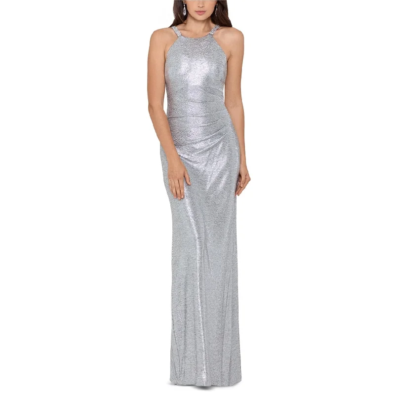 Trendy Women's Apparel Betsy & Adam Womens Metallic Halter Gown Sheath Dress, Metallic, 14