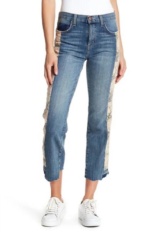 Stylish Women's Apparel Uneven Seemed Original Straight Floral Jeans In Blue