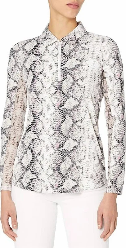 Women Wear Boutique Snake Patterned Mesh Turtle Neck Sleeve In Cream/silver