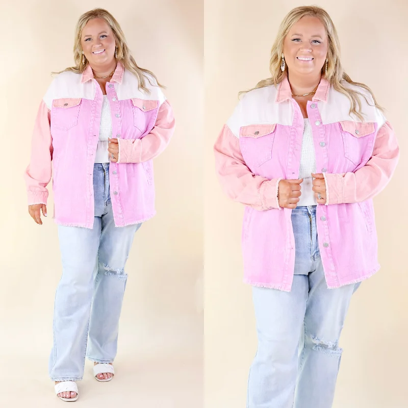 Women Wear Brands Style Mentor Color Block Button Up Jacket in Coral and Pink