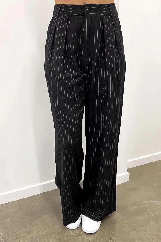 Women's Sporty Chic Clothes Matt Pant Black Pinstripe