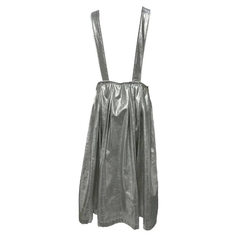 Stylish Clothes For Women Comme Des Garçons Midi Suspender Skirt in Metallic Silver Faux Leather