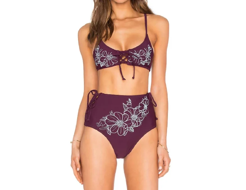 Clothes For Sale Reha Lace Up Front Embroidered Bikini Top In Burgundy