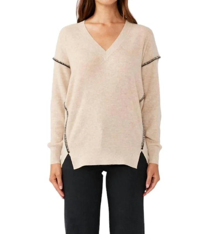 Women's Activewear Attire V-Neck Side Split Pullover In Oatmeal