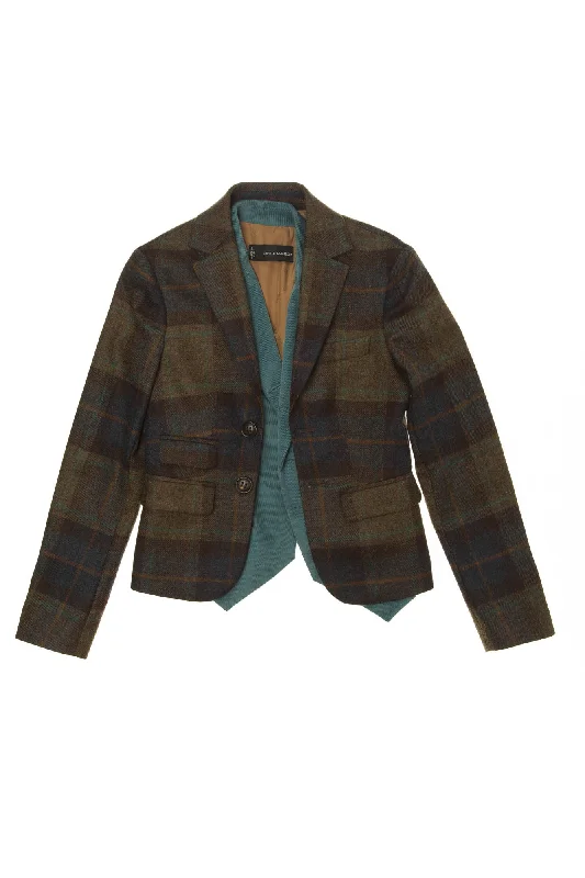 Feminine Dresses for Women in Bold Prints Dsquared2 - Brown Plaid Blazer with Teal Attached Velvet Vest - IT 44