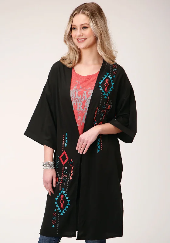 Affordable Women's Clothes Roper Womens Black Polyester Southwestern Kimono Cardigan