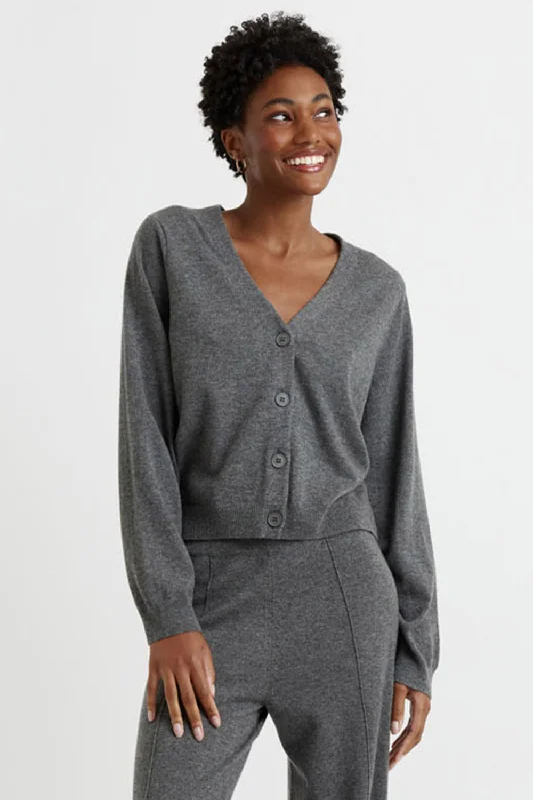 Women's Fashion Clothing Dark-Grey Wool-Cashmere Cropped Cardigan