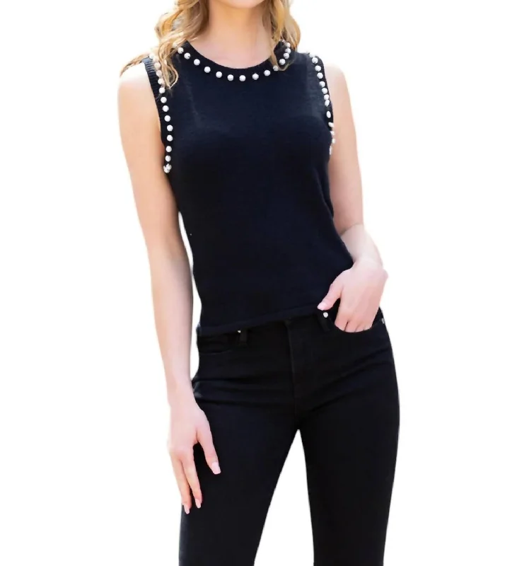 Women's Seasonal Clothing Sleeveless Knit Sweater W/ Faux Pearls In Black