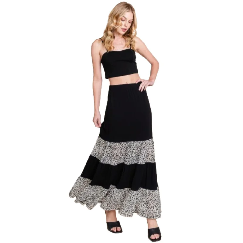 Online Impressions Boutique Long Tiered Contrast Fashion Skirt With Velvet Animal Print Mesh