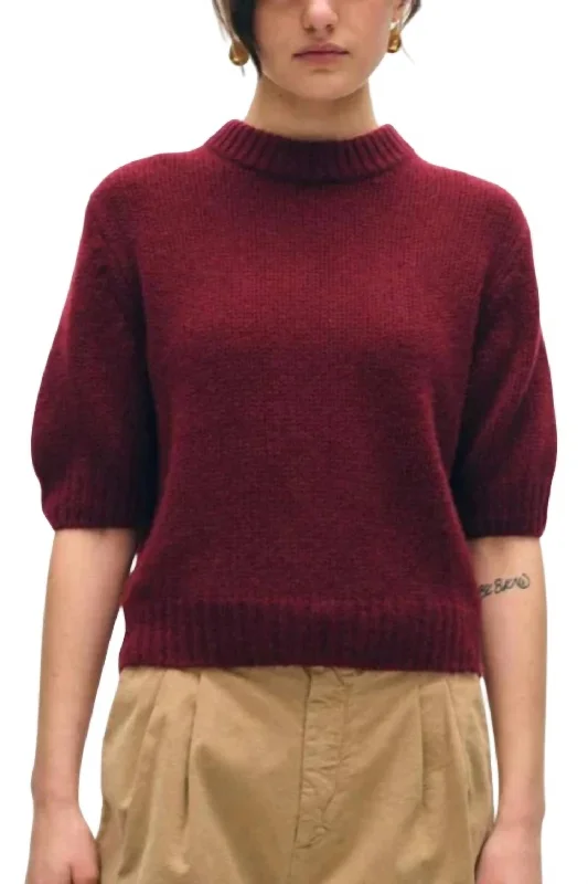 Clothing Brands Featherweight Puff Sleeve Crew Sweater In Sangria