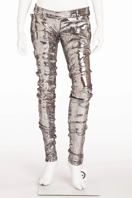 Women's Stylish Outerwear Balmain - NWT Unique Motorcycle Leather Reptile Texture Silver Skinny Jeans - FR 40