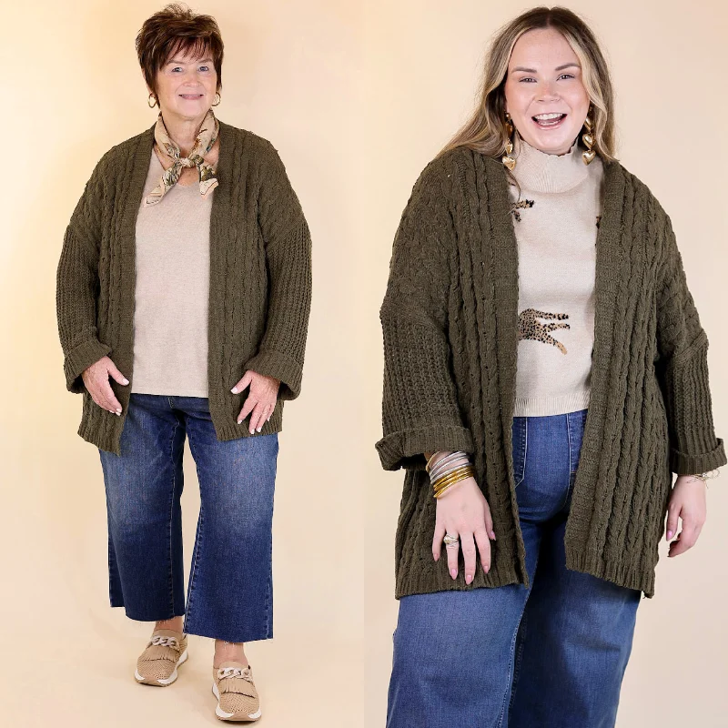 Women's Clothes For Outdoor Events On My Level Chenille Cable Knit Open Front Cardigan in Olive Green