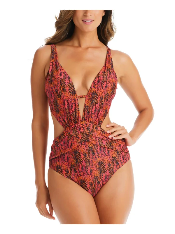 Women's Outerwear Apparel Womens Snake Print Cut-Out Back One-Piece Swimsuit