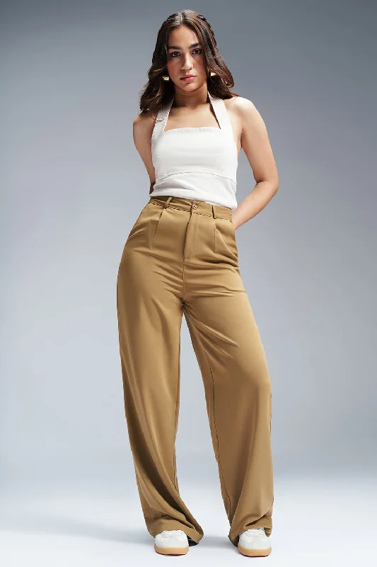 Women's Stylish Vacation Attire Toffee Brown Single Pleated Korean Pants