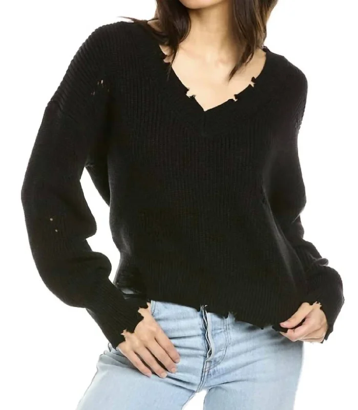 Women's Trendy Clothes Distressed Shaker V Neck Sweater In Black